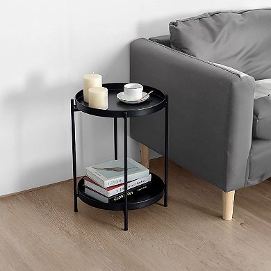 Vica 15 Inch Modern Side End Table, Metal Round Tray Top, Foldable Legs, Black