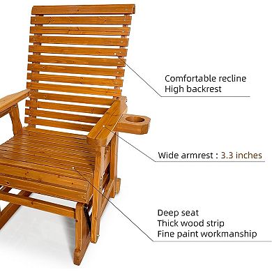 Wooden Patio Glider For One Person, With High Back And Deep Contoured Seat, Solid Fir Wood