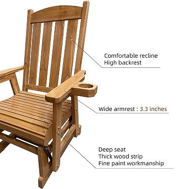 Wooden Patio Glider For One Person, With High Back And Deep Contoured Seat, Solid Fir Wood