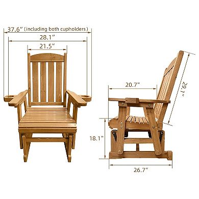 Wooden Patio Glider For One Person, With High Back And Deep Contoured Seat, Solid Fir Wood