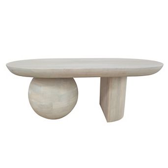 38 Inch Coffee Table, Oblong Mango Wood Top With A Modern Ball Leg, Washed White