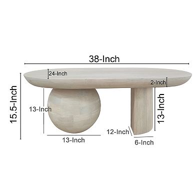 38 Inch Coffee Table, Oblong Mango Wood Top With A Modern Ball Leg, Washed White