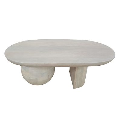 38 Inch Coffee Table, Oblong Mango Wood Top With A Modern Ball Leg, Washed White