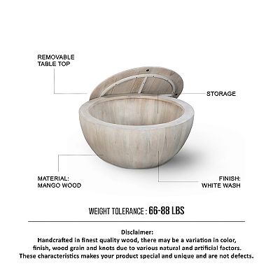 37 Inch Round Coffee Table, Handcrafted Drum Shape With Storage, Washed White Mango Wood