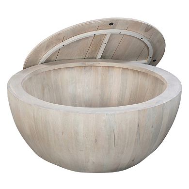 37 Inch Round Coffee Table, Handcrafted Drum Shape With Storage, Washed White Mango Wood