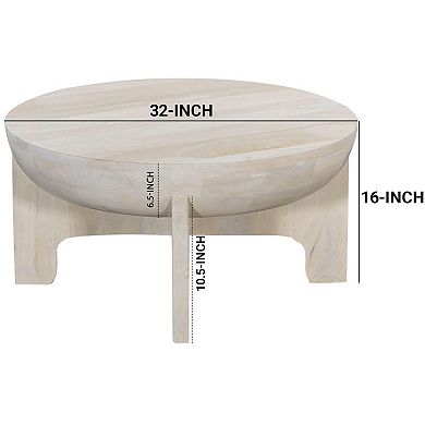 Tomas 32 Inch Coffee Table, Mango Wood Drum Top, Classic Washed White