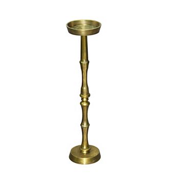 26 Inch Side End Drink Table, Turned Pedestal Metal Base, Round Top, Oxidized Brass