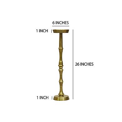 26 Inch Side End Drink Table, Turned Pedestal Metal Base, Round Top, Oxidized Brass