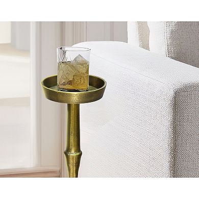 26 Inch Side End Drink Table, Turned Pedestal Metal Base, Round Top, Oxidized Brass