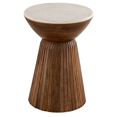 Round Brown Wooden Side Table With White Marble Top