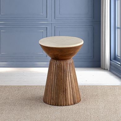 Round Brown Wooden Side Table With White Marble Top