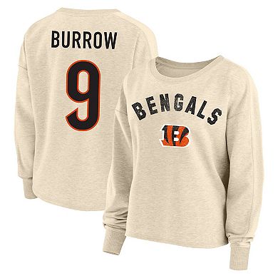 Women's Fanatics Branded Joe Burrow Oatmeal Cincinnati Bengals Plus Size Name & Number Crew Pullover Sweatshirt