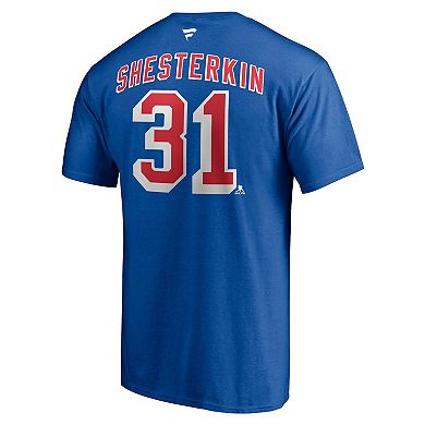Men's Fanatics Branded Igor Shesterkin Blue New York Rangers Authentic Stack Name & Number T-Shirt