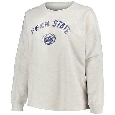 Women's Profile Oatmeal Penn State Nittany Lions Plus Size Distressed Arch Over Logo Neutral Boxy Pullover Sweatshirt