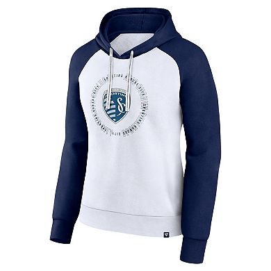 Women's Fanatics White/Navy Sporting Kansas City Instep Raglan Pullover Hoodie