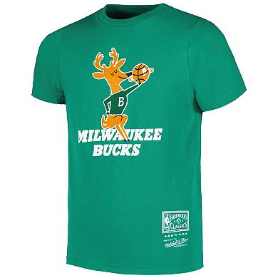 Youth Mitchell & Ness Green Milwaukee Bucks Hardwood Classics Retro Logo T-Shirt