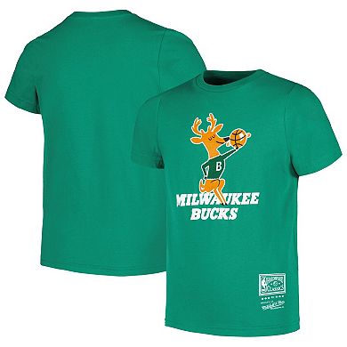 Youth Mitchell & Ness Green Milwaukee Bucks Hardwood Classics Retro Logo T-Shirt
