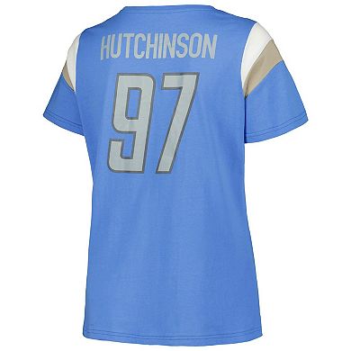 Women's Fanatics Branded Aidan Hutchinson Blue Detroit Lions Plus Size Sleeve Stripe Name & Number T-Shirt