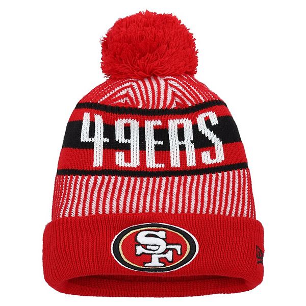 Youth New Era Scarlet San Francisco 49ers Striped Cuffed Knit Hat with Pom