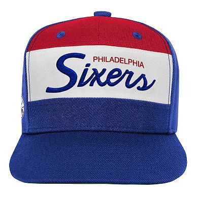 Youth Mitchell & Ness White/Royal Philadelphia 76ers Retro Sport Color Block Script Snapback Hat