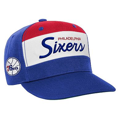 Youth Mitchell & Ness White/Royal Philadelphia 76ers Retro Sport Color Block Script Snapback Hat