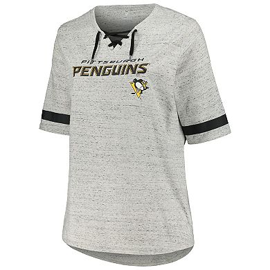Women's Fanatics Branded Heather Gray Pittsburgh Penguins Plus Size Lace-Up T-Shirt