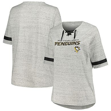 Women's Fanatics Branded Heather Gray Pittsburgh Penguins Plus Size Lace-Up  T-Shirt