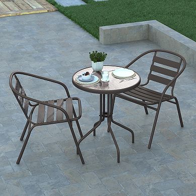 Emma And Oliver Rhea 23.75'' Round Glass Top Metal Table With 2 Aluminum Slat Stack Chairs