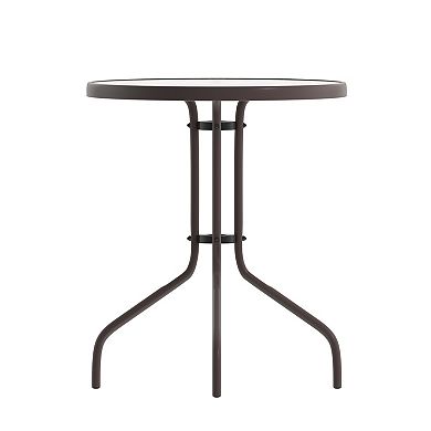 Emma And Oliver Rhea 23.75'' Round Glass Top Metal Table With 2 Aluminum Slat Stack Chairs