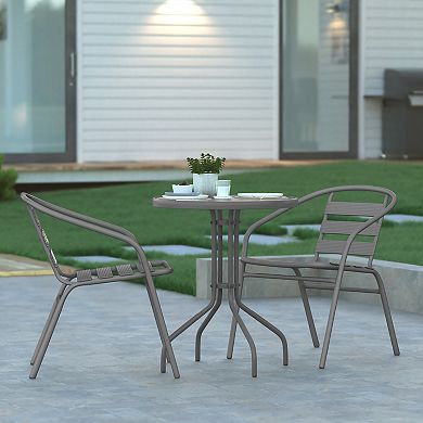 Emma And Oliver Rhea 23.75'' Round Glass Top Metal Table With 2 Aluminum Slat Stack Chairs