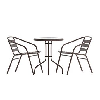 Emma And Oliver Rhea 23.75'' Round Glass Top Metal Table With 2 Aluminum Slat Stack Chairs