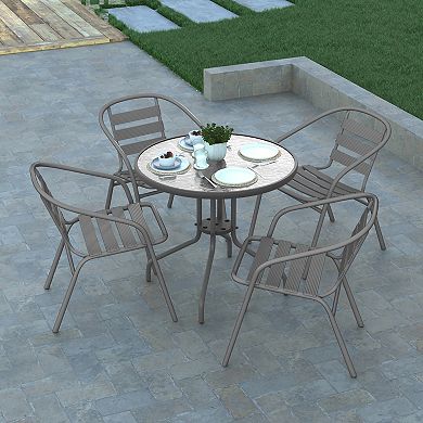 Emma And Oliver Rhea 31.5'' Round Glass Top Metal Table With 4 Aluminum Slat Stack Chairs