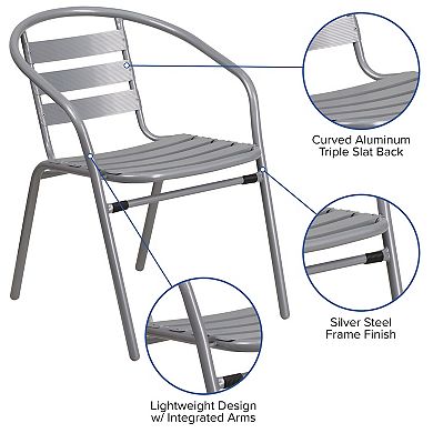 Emma And Oliver Rhea 31.5'' Round Glass Top Metal Table With 4 Aluminum Slat Stack Chairs