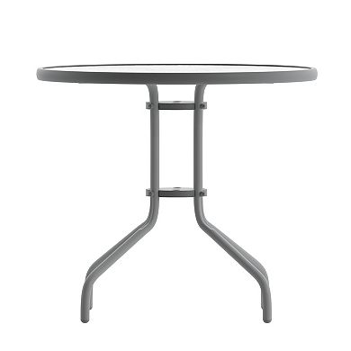 Emma And Oliver Rhea 31.5'' Round Glass Top Metal Table With 4 Aluminum Slat Stack Chairs