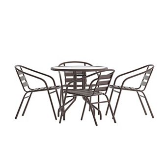 Emma And Oliver Rhea 31.5'' Round Glass Top Metal Table With 4 Aluminum Slat Stack Chairs