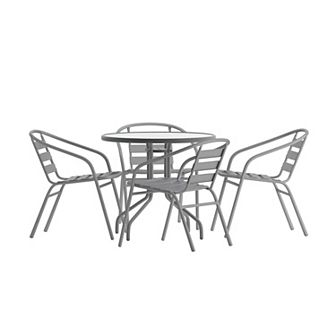 Emma And Oliver Rhea 31.5'' Round Glass Top Metal Table With 4 Aluminum Slat Stack Chairs