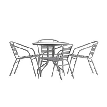 Emma And Oliver Rhea 31.5'' Round Glass Top Metal Table With 4 Aluminum Slat Stack Chairs