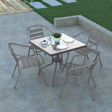 Emma And Oliver Rhea 31.5'' Square Glass Top Metal Table With 4 Aluminum Slat Stack Chairs