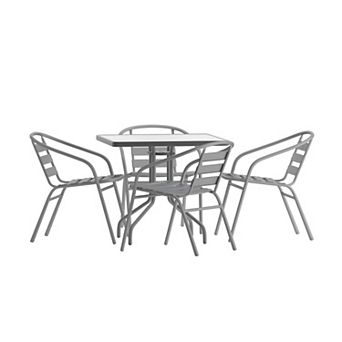 Emma And Oliver Rhea 31.5'' Square Glass Top Metal Table With 4 Aluminum Slat Stack Chairs