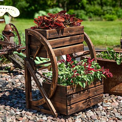 Sunnydaze 2-Tier Fir Wood Wagon Wheel Planter