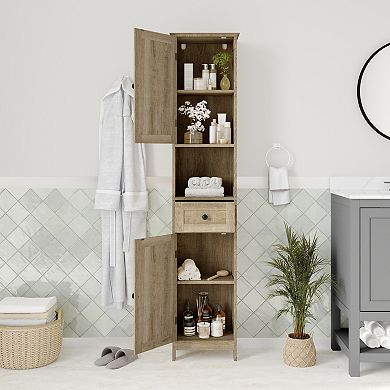 Merrick Lane Farmhouse Dual Cabinet Linen Tower With Shelves And Storage Drawer