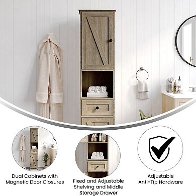 Merrick Lane Farmhouse Dual Cabinet Linen Tower With Shelves And Storage Drawer