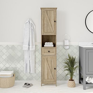 Merrick Lane Farmhouse Dual Cabinet Linen Tower With Shelves And Storage Drawer