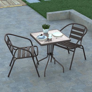 Emma And Oliver Rhea 23.5'' Square Glass Top Metal Table With 2 Aluminum Slat Stack Chairs