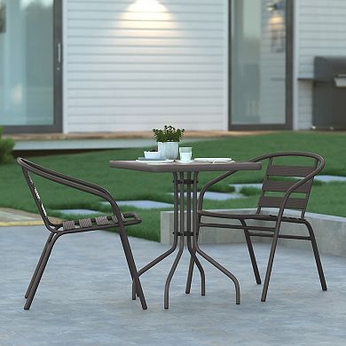 Emma And Oliver Rhea 23.5'' Square Glass Top Metal Table With 2 Aluminum Slat Stack Chairs