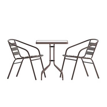 Emma And Oliver Rhea 23.5'' Square Glass Top Metal Table With 2 Aluminum Slat Stack Chairs