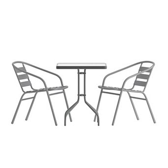 Emma And Oliver Rhea 23.5'' Square Glass Top Metal Table With 2 Aluminum Slat Stack Chairs