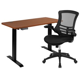 Emma and Oliver Electric Height Adjustable Standing Desk with Mesh Executive Chair