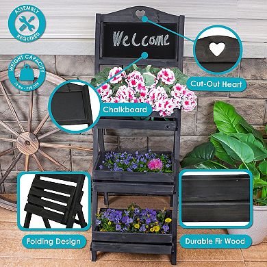 Sunnydaze Country Heart Ladder Plant Stand with Chalkboard - White