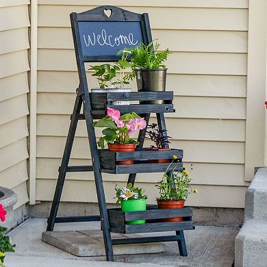 Sunnydaze Country Heart Ladder Plant Stand with Chalkboard - White